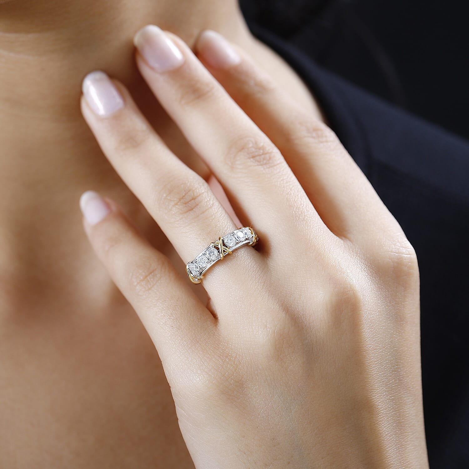 Moissanite XO Band Ring in Vermeil YG and Platinum Over Sterling Silver (Size 10.0) 1.00 ctw
