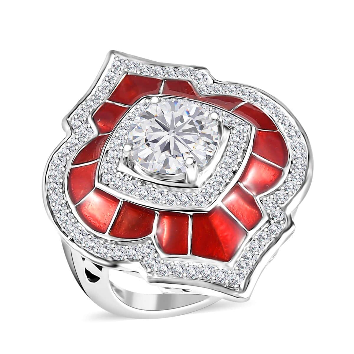 Moissanite 2.70 ctw and Red Enameled Ring in Platinum Over Sterling Silver (Size 10.0) image number 0