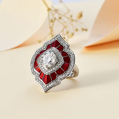 Moissanite 2.70 ctw and Red Enameled Ring in Platinum Over Sterling Silver (Size 10.0)
