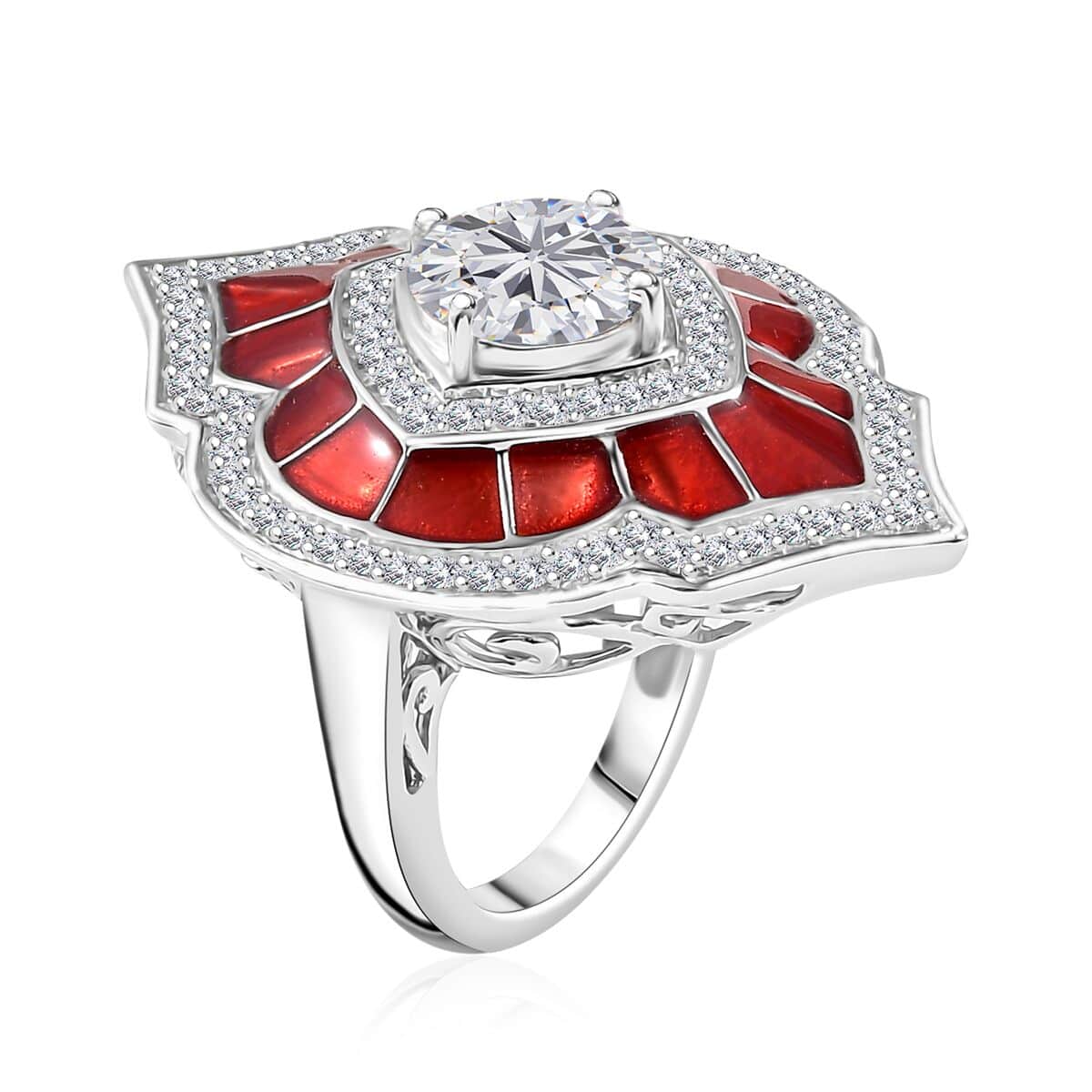 Moissanite 2.70 ctw and Red Enameled Ring in Platinum Over Sterling Silver (Size 10.0) image number 3