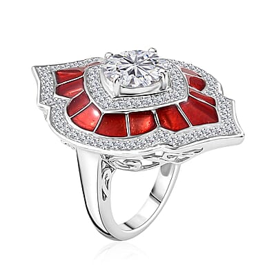 Moissanite 2.70 ctw and Red Enameled Ring in Platinum Over Sterling Silver (Size 10.0)