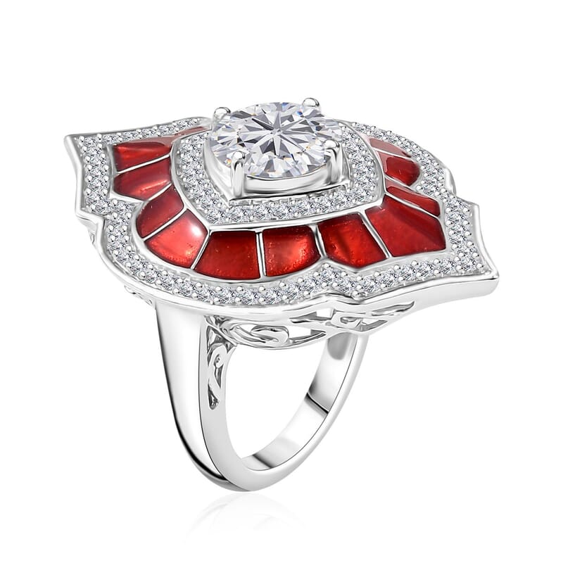 Moissanite 2.70 ctw and Red Enameled Ring in Platinum Over Sterling Silver (Size 10.0)