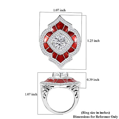 Moissanite 2.70 ctw and Red Enameled Ring in Platinum Over Sterling Silver (Size 10.0)