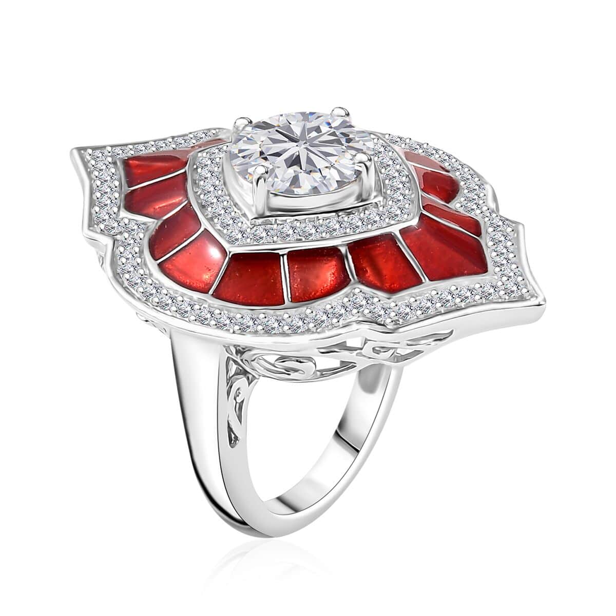 Moissanite 2.70 ctw and Red Enameled Ring in Platinum Over Sterling Silver (Size 9.0) image number 3