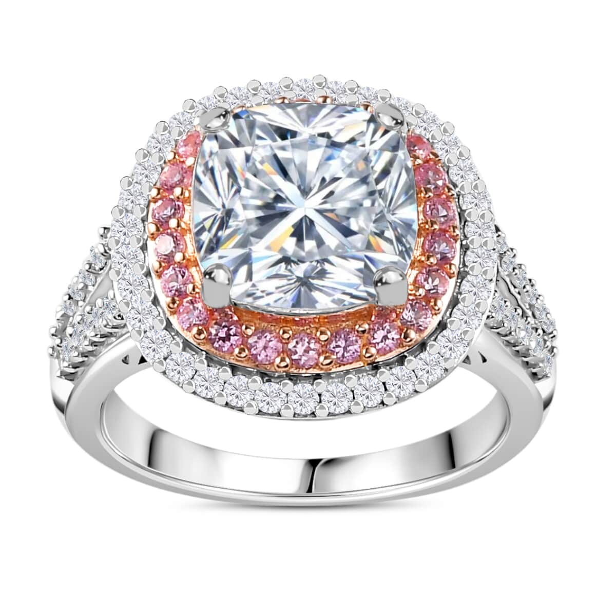 Moissanite and Madagascar Pink Sapphire Double Halo Ring in Platinum Over Sterling Silver (Size 10.0) 4.50 ctw image number 0