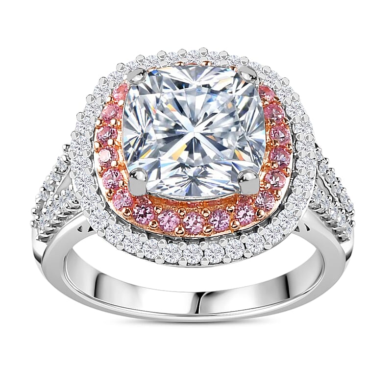 Moissanite and Madagascar Pink Sapphire Double Halo Ring in Platinum Over Sterling Silver (Size 10.0) 4.50 ctw