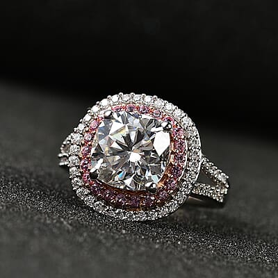 Moissanite and Madagascar Pink Sapphire Double Halo Ring in Platinum Over Sterling Silver (Size 10.0) 4.50 ctw