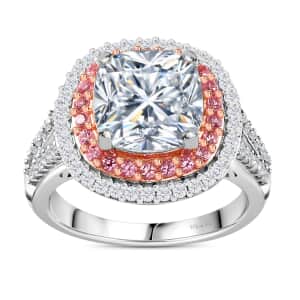 Moissanite and Madagascar Pink Sapphire Double Halo Ring in Platinum Over Sterling Silver (Size 7.0) 4.50 ctw