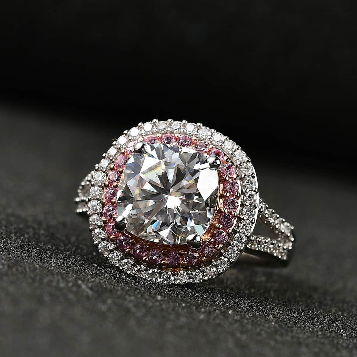 oissanite and Madagascar Pink Sapphire Double Halo Ring in Platinum Over Sterling Silver 4.50 ctw image number 1