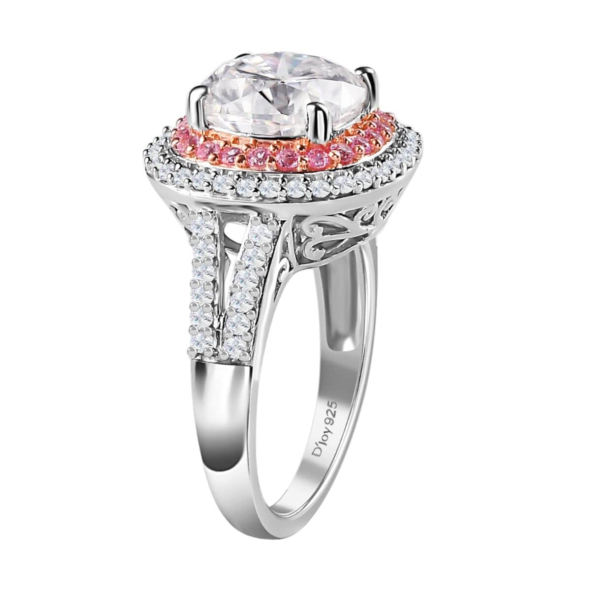 oissanite and Madagascar Pink Sapphire Double Halo Ring in Platinum Over Sterling Silver 4.50 ctw image number 3