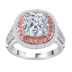 Moissanite and Madagascar Pink Sapphire Double Halo Ring in Platinum Over Sterling Silver (Size 8.0) 4.50 ctw