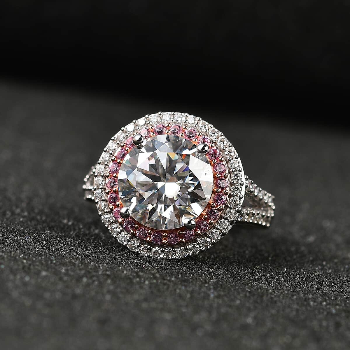 Moissanite and Madagascar Pink Sapphire Double Halo Ring in Platinum Over Sterling Silver (Size 10.0) 4.25 ctw image number 1