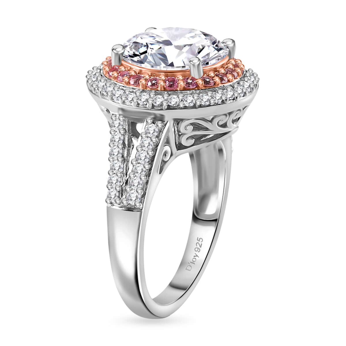 Moissanite and Madagascar Pink Sapphire Double Halo Ring in Platinum Over Sterling Silver (Size 10.0) 4.25 ctw image number 3