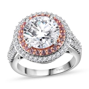 Moissanite and Madagascar Pink Sapphire Double Halo Ring in Platinum Over Sterling Silver (Size 6.0) 4.25 ctw