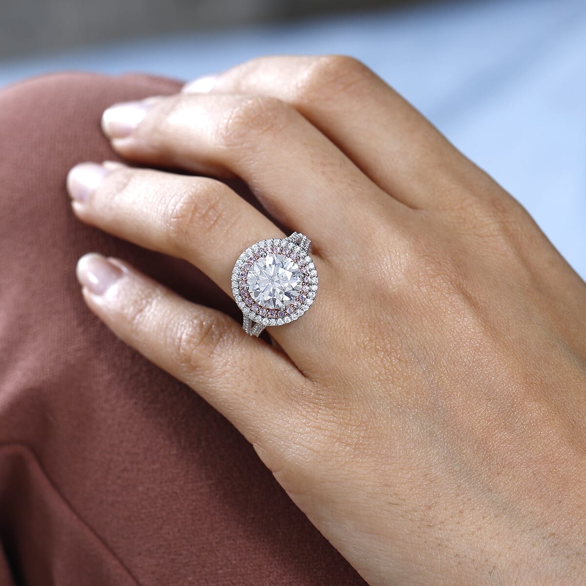 Moissanite and Madagascar Pink Sapphire Double Halo Ring in Platinum Over Sterling Silver (Size 6.0) 4.25 ctw image number 2