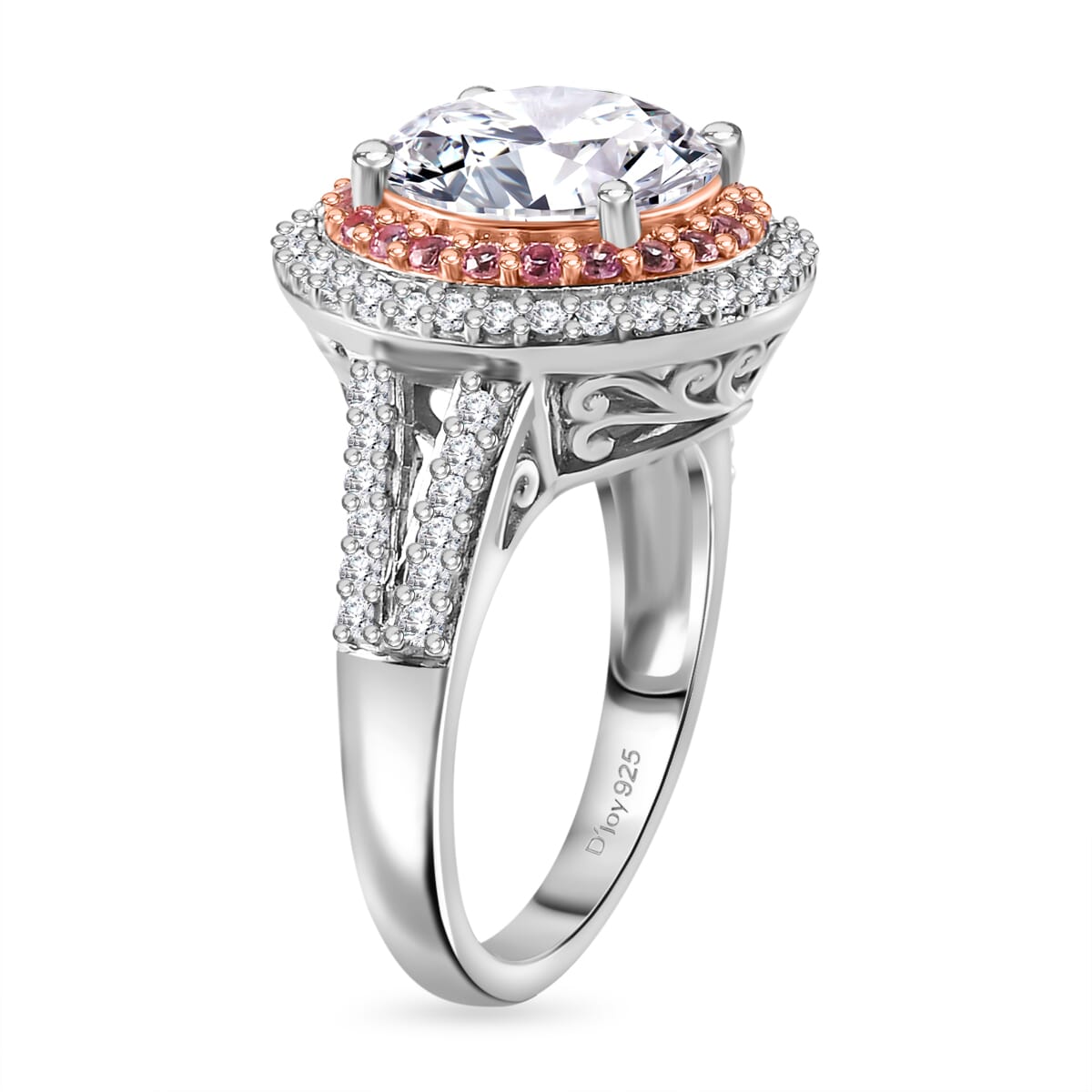 Moissanite and Madagascar Pink Sapphire Double Halo Ring in Platinum Over Sterling Silver (Size 6.0) 4.25 ctw image number 3