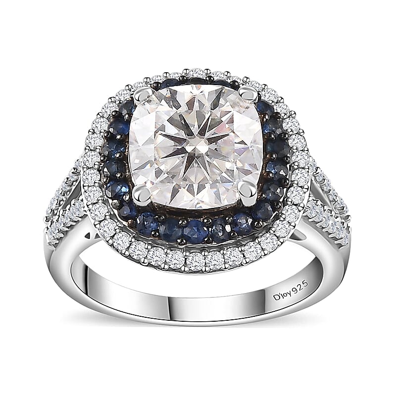 Moissanite and Kanchanaburi Blue Sapphire Double Halo Ring in Platinum Over Sterling Silver (Size 10.0) 4.60 ctw
