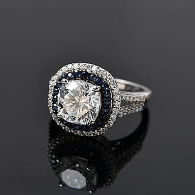 Moissanite and Kanchanaburi Blue Sapphire Double Halo Ring in Platinum Over Sterling Silver (Size 10.0) 4.60 ctw