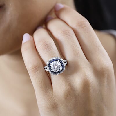 Moissanite and Kanchanaburi Blue Sapphire Double Halo Ring in Platinum Over Sterling Silver (Size 10.0) 4.60 ctw