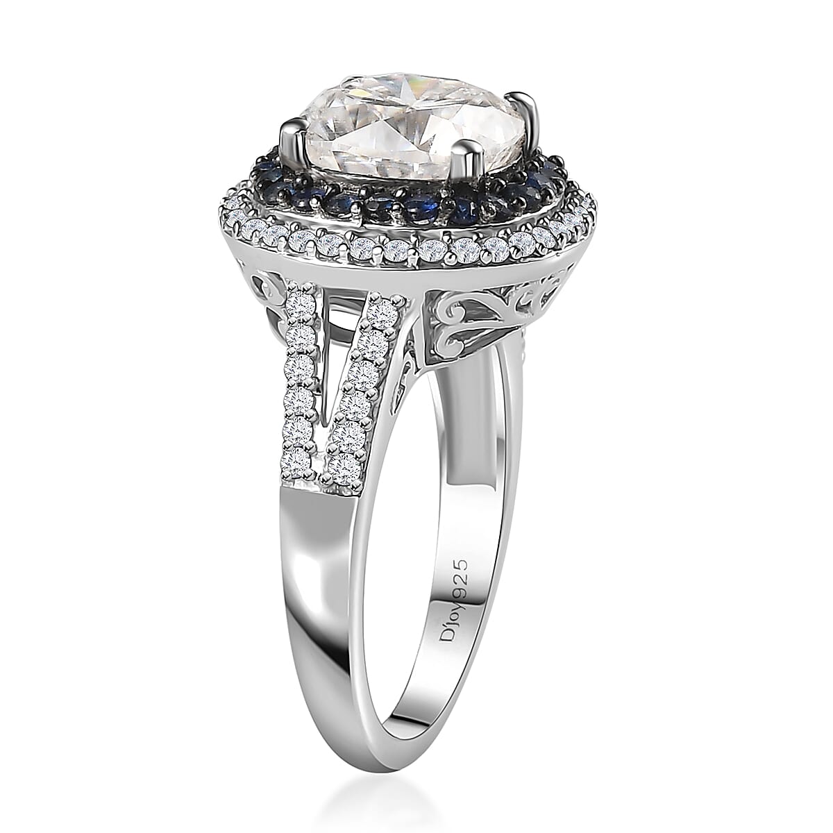 Moissanite and Kanchanaburi Blue Sapphire Double Halo Ring in Platinum Over Sterling Silver (Size 10.0) 4.60 ctw