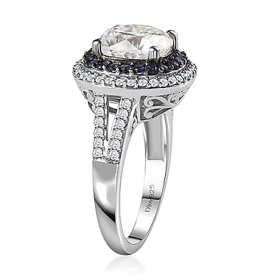 Moissanite and Kanchanaburi Blue Sapphire Double Halo Ring in Platinum Over Sterling Silver (Size 10.0) 4.60 ctw