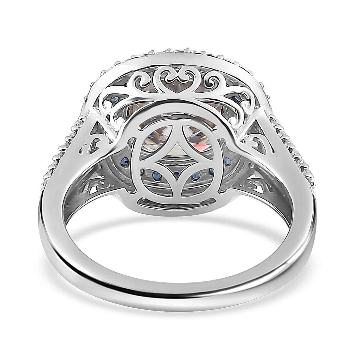 Moissanite and Kanchanaburi Blue Sapphire Double Halo Ring in Platinum Over Sterling Silver (Size 10.0) 4.60 ctw