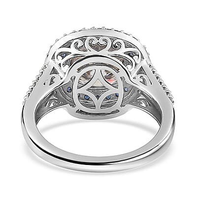 Moissanite and Kanchanaburi Blue Sapphire Double Halo Ring in Platinum Over Sterling Silver (Size 10.0) 4.60 ctw