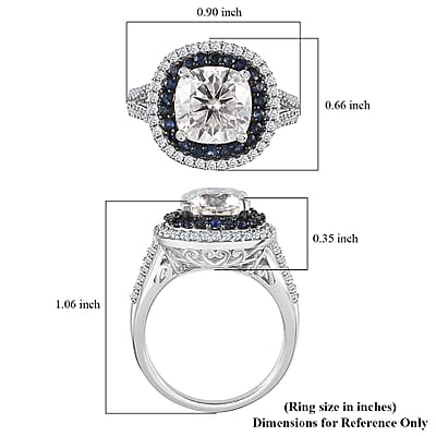 Moissanite and Kanchanaburi Blue Sapphire Double Halo Ring in Platinum Over Sterling Silver (Size 10.0) 4.60 ctw