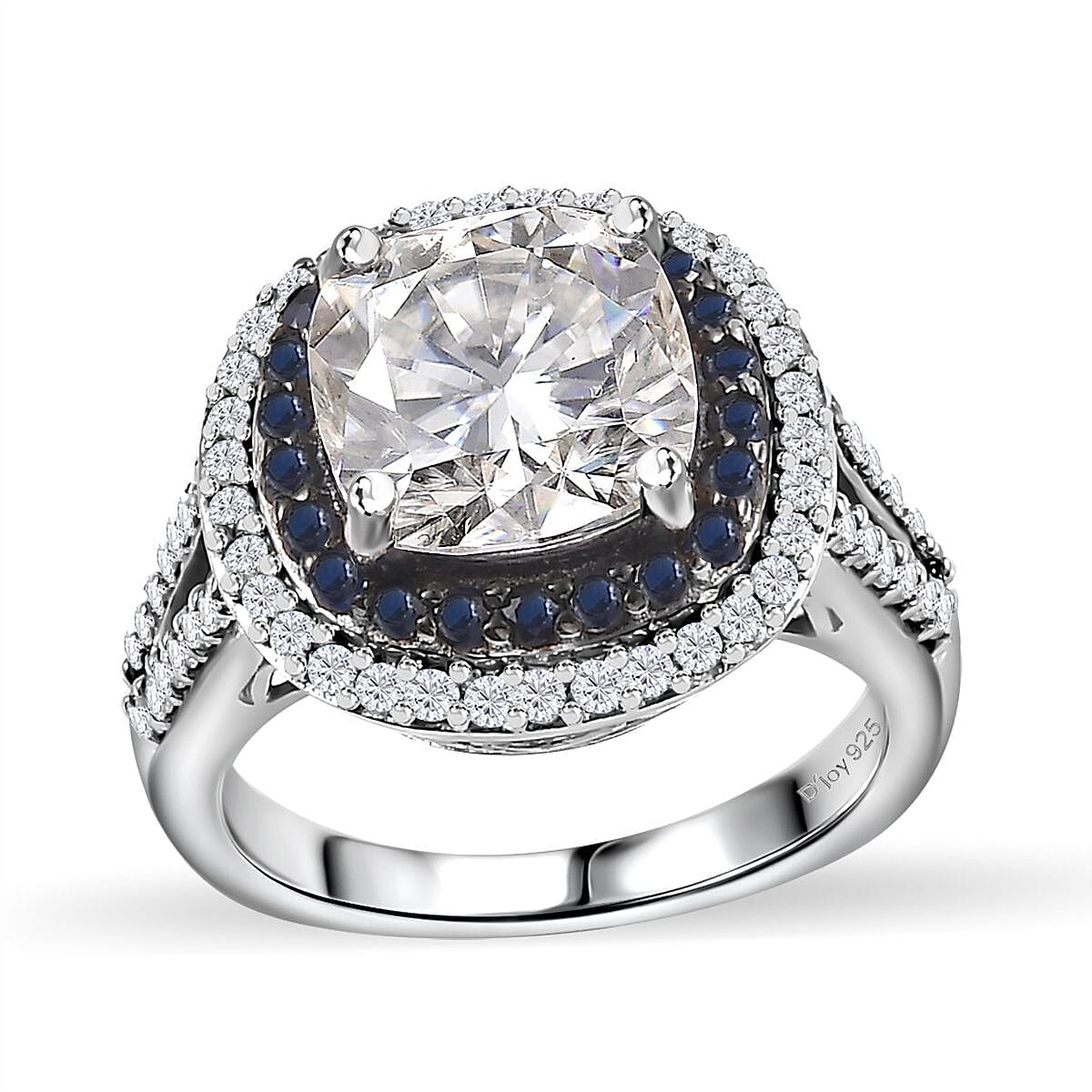 Moissanite and Blue Sapphire Double Halo Ring in Platinum Over Sterling Silver 4.60 ctw
