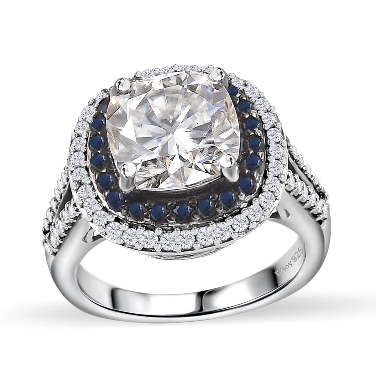 Moissanite and Blue Sapphire 4.60 ctw Double Halo Ring in Platinum Over Sterling Silver (Size 6.0) image number 0