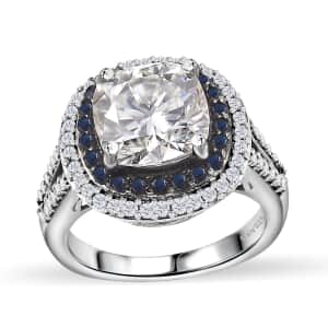 Moissanite and Blue Sapphire 4.60 ctw Double Halo Ring in Platinum Over Sterling Silver (Size 6.0)