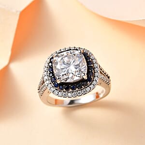 Moissanite and Blue Sapphire 4.60 ctw Double Halo Ring in Platinum Over Sterling Silver (Size 6.0)