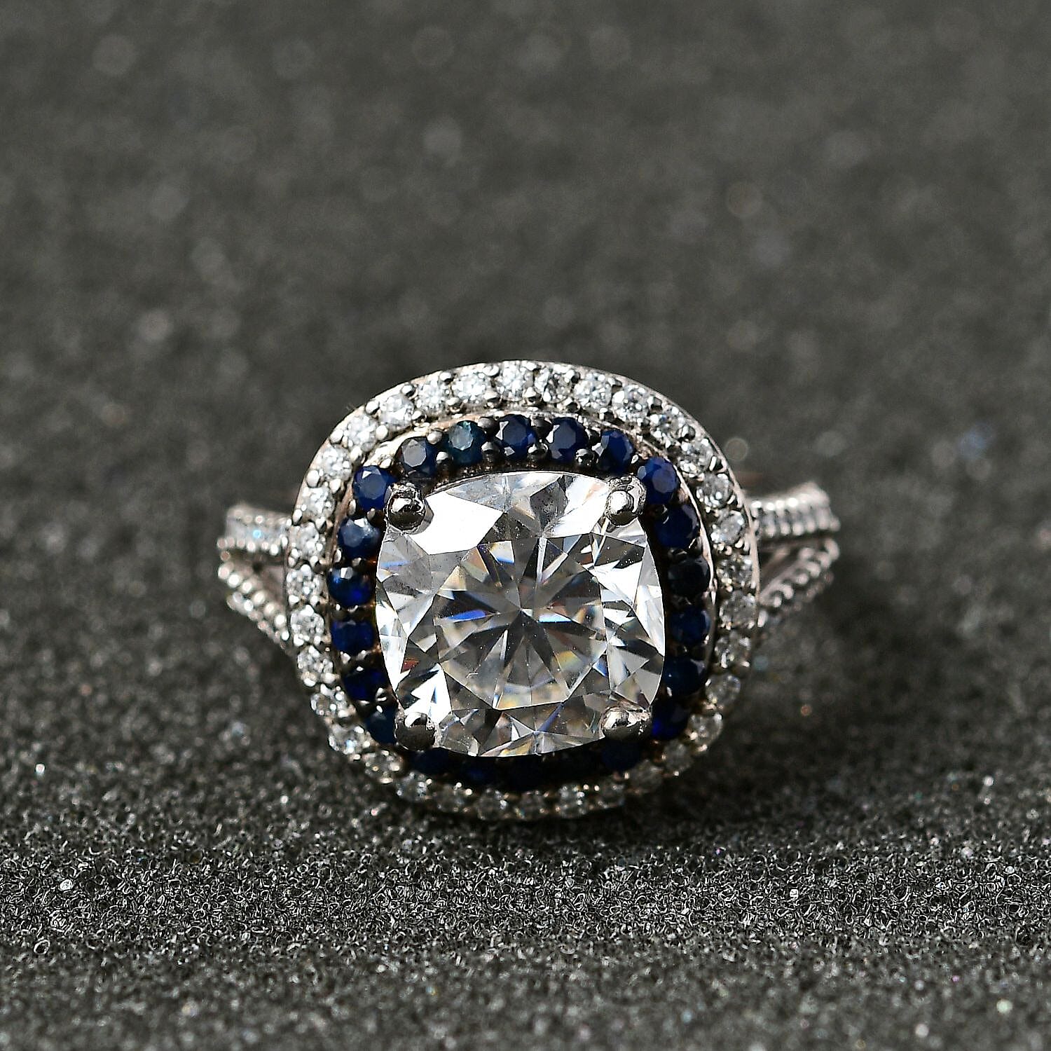 Moissanite and Blue Sapphire 4.60 ctw Double Halo Ring in Platinum Over Sterling Silver (Size 6.0)