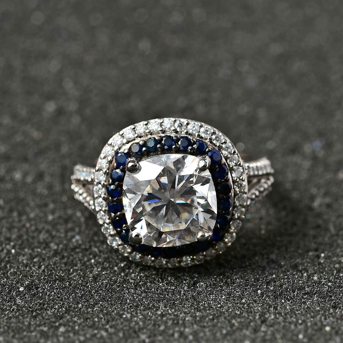 Moissanite and Blue Sapphire 4.60 ctw Double Halo Ring in Platinum Over Sterling Silver (Size 6.0) image number 2