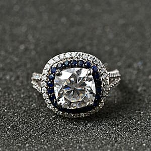 Moissanite and Blue Sapphire 4.60 ctw Double Halo Ring in Platinum Over Sterling Silver (Size 6.0)