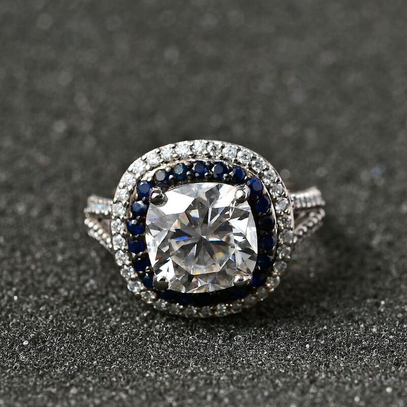 Moissanite and Blue Sapphire 4.60 ctw Double Halo Ring in Platinum Over Sterling Silver (Size 6.0)