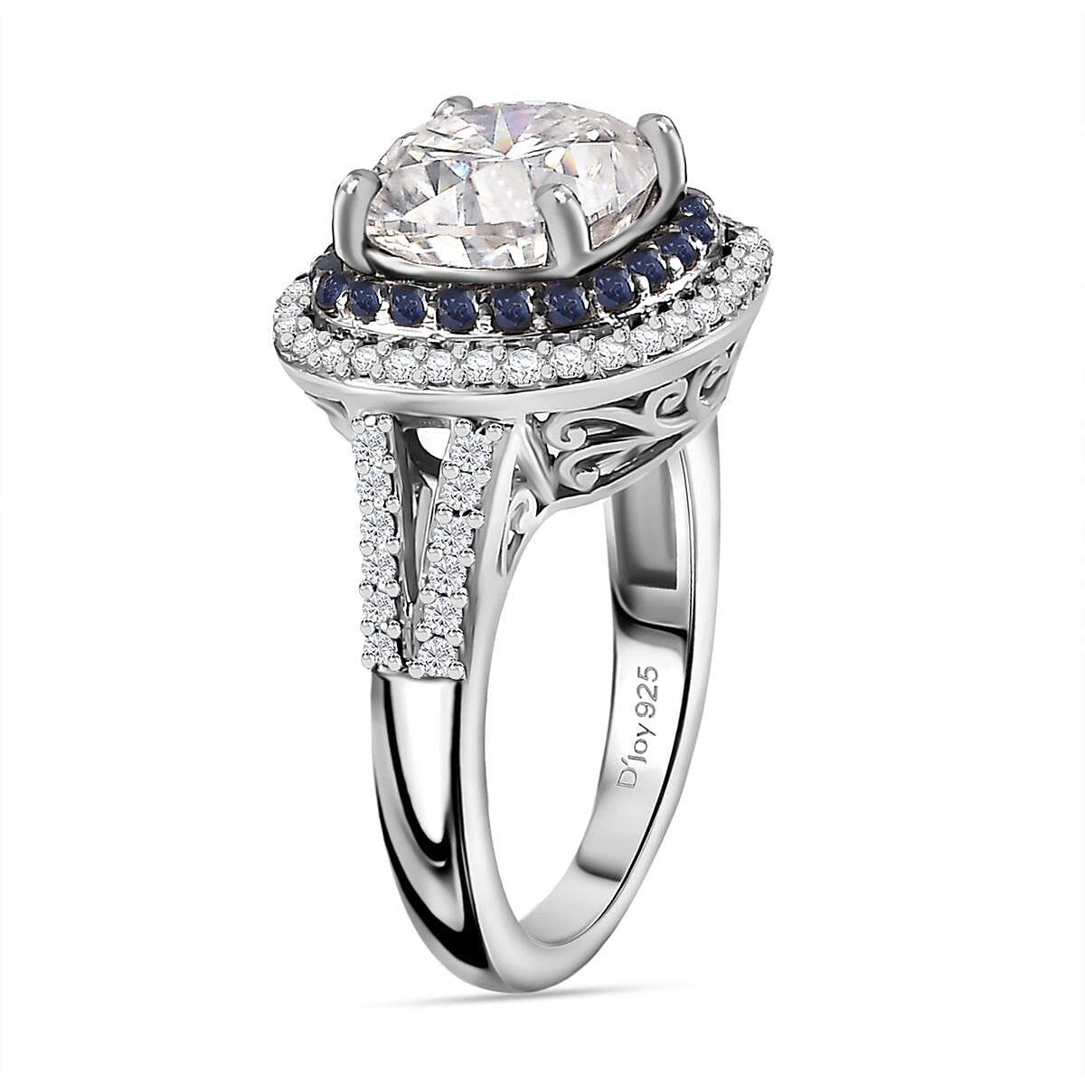 Moissanite and Blue Sapphire 4.60 ctw Double Halo Ring in Platinum Over Sterling Silver (Size 6.0)