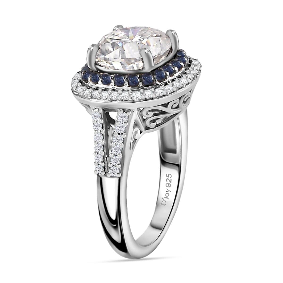 Moissanite and Blue Sapphire 4.60 ctw Double Halo Ring in Platinum Over Sterling Silver (Size 6.0) image number 4