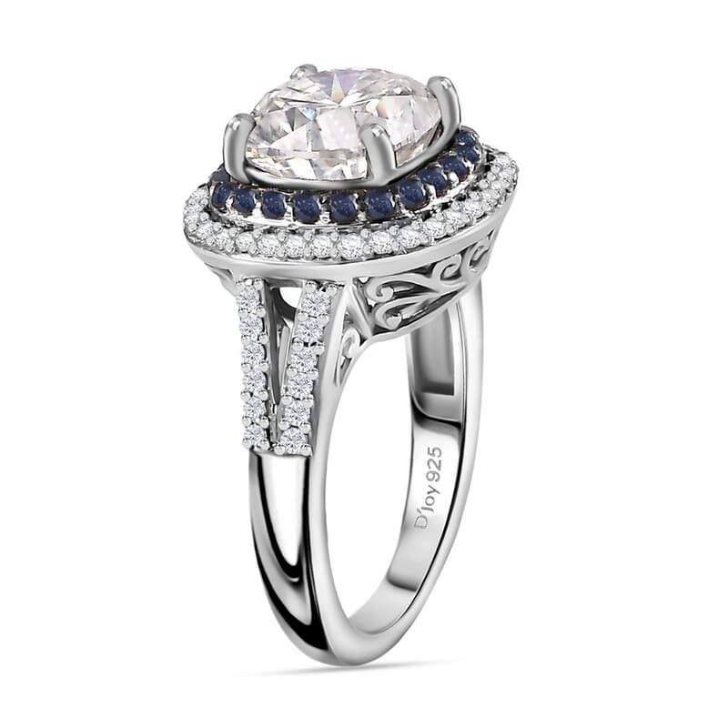 Moissanite and Blue Sapphire 4.60 ctw Double Halo Ring in Platinum Over Sterling Silver (Size 6.0)