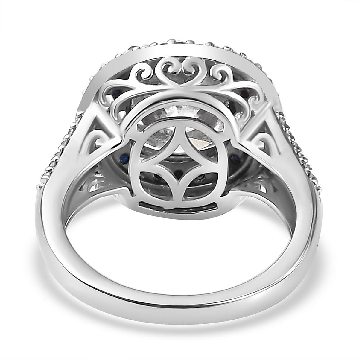 Moissanite and Blue Sapphire 4.60 ctw Double Halo Ring in Platinum Over Sterling Silver (Size 6.0)