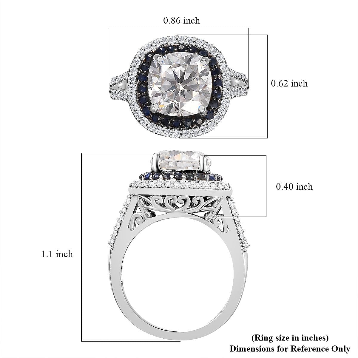 Moissanite and Blue Sapphire 4.60 ctw Double Halo Ring in Platinum Over Sterling Silver (Size 6.0)