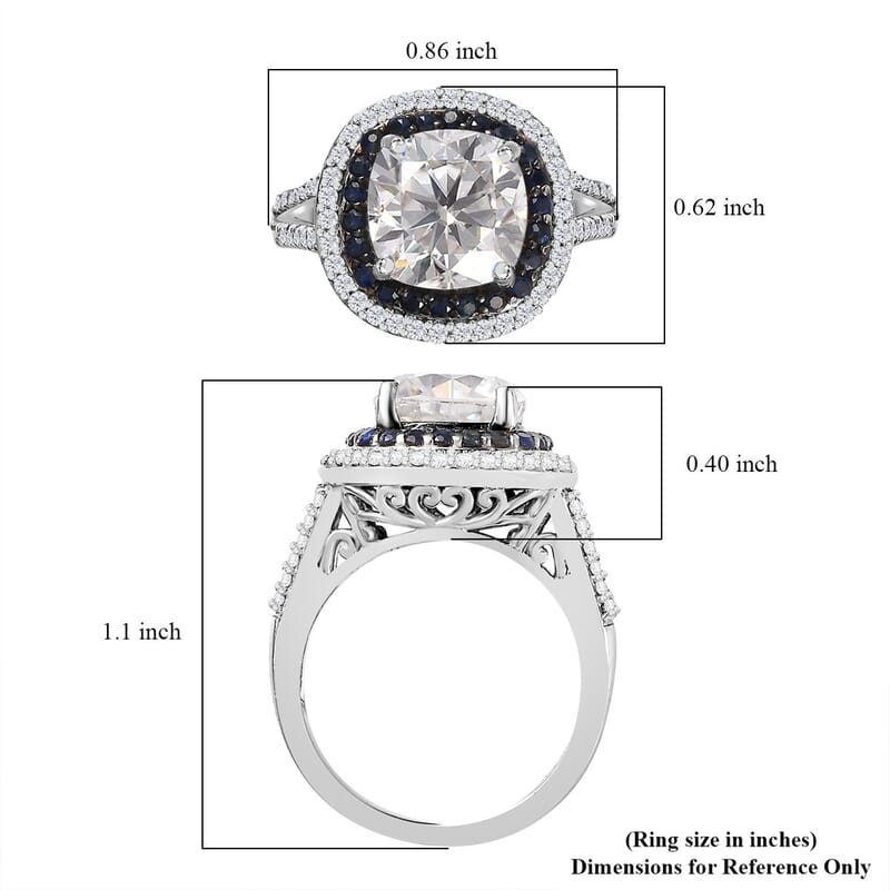 Moissanite and Blue Sapphire 4.60 ctw Double Halo Ring in Platinum Over Sterling Silver (Size 6.0)
