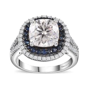 Moissanite and Kanchanaburi Blue Sapphire Double Halo Ring in Platinum Over Sterling Silver (Size 7.0) 4.60 ctw