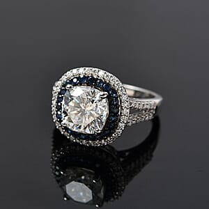Moissanite and Kanchanaburi Blue Sapphire Double Halo Ring in Platinum Over Sterling Silver (Size 7.0) 4.60 ctw