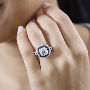 Moissanite and Kanchanaburi Blue Sapphire Double Halo Ring in Platinum Over Sterling Silver (Size 7.0) 4.60 ctw