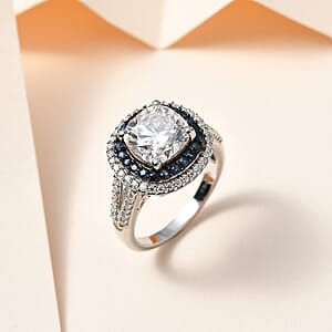 Moissanite and Kanchanaburi Blue Sapphire Double Halo Ring in Platinum Over Sterling Silver (Size 8.0) 4.60 ctw