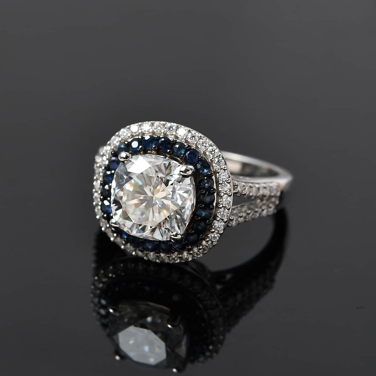 Moissanite and Kanchanaburi Blue Sapphire Double Halo Ring in Platinum Over Sterling Silver (Size 8.0) 4.60 ctw image number 2
