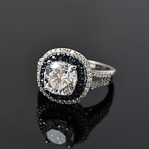 Moissanite and Kanchanaburi Blue Sapphire Double Halo Ring in Platinum Over Sterling Silver (Size 8.0) 4.60 ctw