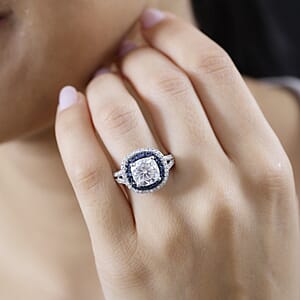 Moissanite and Kanchanaburi Blue Sapphire Double Halo Ring in Platinum Over Sterling Silver (Size 8.0) 4.60 ctw