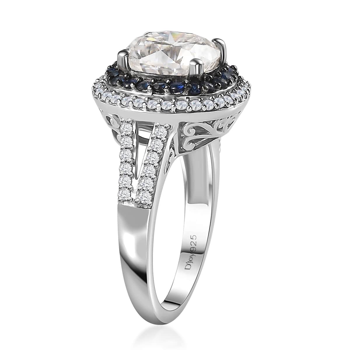 Moissanite and Kanchanaburi Blue Sapphire Double Halo Ring in Platinum Over Sterling Silver (Size 8.0) 4.60 ctw image number 4